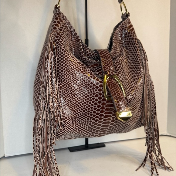 G.I.L.I.Snake Fringe Stirrup Shoulder Red/Brown Patent Suede Bag. - Picture 3 of 14